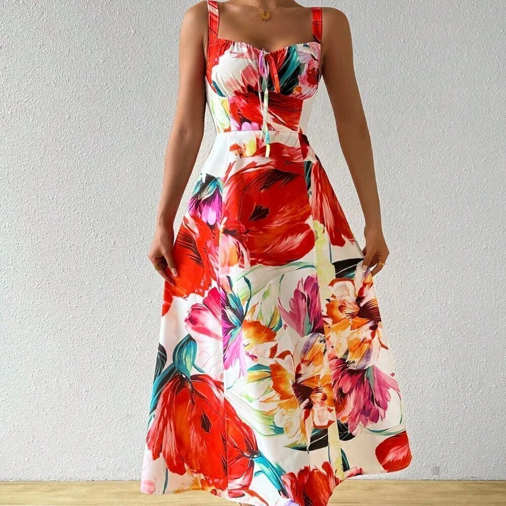 Multicolor Boho Women's Chest Strap Sleeveless Maxi Dress - Picture 1 of 5